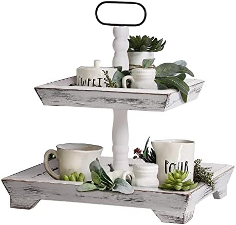 HAPOO Tiered Tray Stand Farmhouse Tiered Tray for Decors Wood Two Tiered Tray (Decors Not Included)