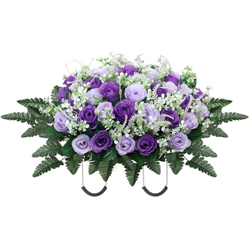 LOSFOTBO Headstone Flower Saddle Large Artificial Cemetery Flowers for Grave Cemetery Memorial Flowers for Outdoor Tombstone Decorations (Purple)