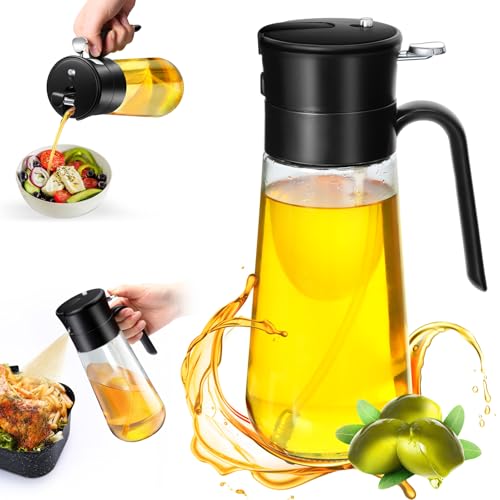 Euqvunn 580ml 2-in-1 Oil Dispenser & Sprayer Glass Bottle, Fine Spray & Clog-Resistant Filter, Kitchen Cooking, Air Fryer, Oven, Oil/Vinegar/Sauce, Black