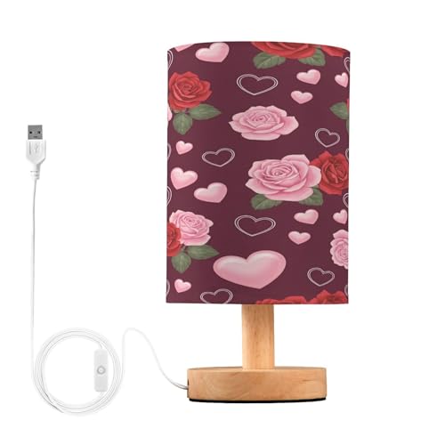 Ewusp Lampada da comodino a forma di cuore rosa per camera da letto, lampada da comodino a LED con porte di ricarica USB, paralume in tessuto e base in legno, per scrivania, soggiorno, asilo nido e