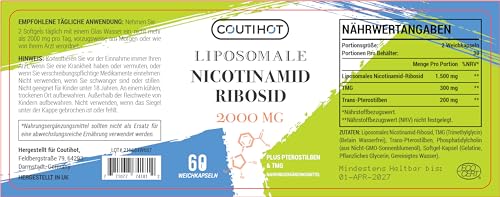 Liposomales Nicotinamid-Ribosid 1500 mg plus TMG & Trans-Pterostilben (Gesamtformel 2000 mg) – NR Kapseln als NAD+ Vorläufer, Hochdosiertes Vitamin B3 Supplement (60 Stück (2er Pack))
