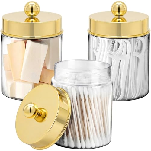 Komashr 3PC Farmhouse Decor Qtip Holder Apothecary Jars Bathroom Vanity Storage Organizer -Countertop Canister Container &Cute Stickers for Cotton Swab Ball Pad Floss Paper Clips (Gold Plastic)