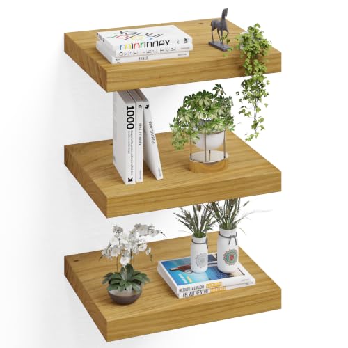 Image of 16 inch Wall Floating Shelves, Set of 3, Natural Wood | 16 inchL x 12 inchD x 1.8 inchH, Set of 3, Solid Paulownia Wood, Natural Finish, Hidden Brackets, Hardware Included