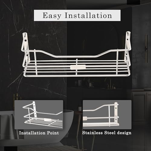 Image of Kuber Industries Pack of 3 Stainless Steel Bathroom Shelf for Wall - Washroom Organizer Shampoo Holder Stand & 12 Inch Kitchen Storage Rack - Silver