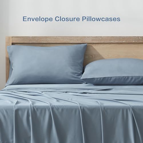 Image of Andency Grayish Blue Queen Sheets Set 100% Viscose Derived from Bamboo | Cooling Summer Sheets, Deep Pocket Up to 16 inch, Silky Soft Hotel Luxury Breathable Bedding Sheets & Pillowcases