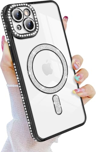 Image of Cute Compatible with iPhone 13 Diamon Glitter Case,Luxury Bling Rhinestone Soft Clear TPU Bumper Case,Compatible with MagSfe and Camera Lens Protection Cover for Women Girls (Black)