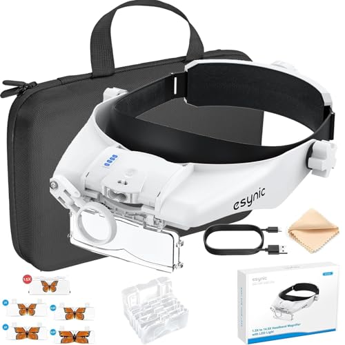 eSynic Head Magnifying Glass with LED Light Rechargeable 1.5-13X Headband Magnifier Hands Free Headmount Magnifying Glasses with Portable Storage Case| 5 Lenses|Battery Indicator for Reading Craft etc