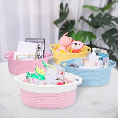 Image of ABenkle Small Basket with Handles, Boho Decorative Rope Woven Dog Cat Toy Storage Bin Shelf Storage Organizer, Easter Christmas Gift Basket, 12 inchx8 inchx5 inch, Pink