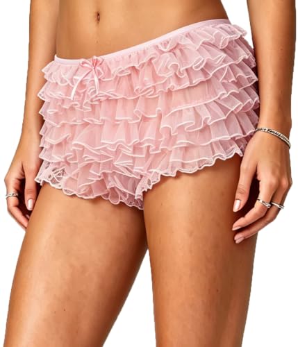 Image of Yiulangde Women Lace Bloomers Layered Ruffle Mini Shorts Y2k Pettipants | Shorts Women,Lolita Ruffled Bloomer Shorts for Under Skirts,Fluffy Booty Shorts,Rave Boy Short Panties,Going out Bottoms
