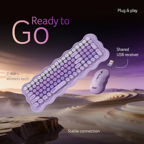 Image of Acer PopGo Wireless Keyboard and Mouse Combo | 2.4GHz Wireless USB Receiver | Retro Round Keycaps Keyboard | 1200 DPI Optical Mouse | Plug & Play | Power Saving Design for PC, Laptop, Desktop | Purple