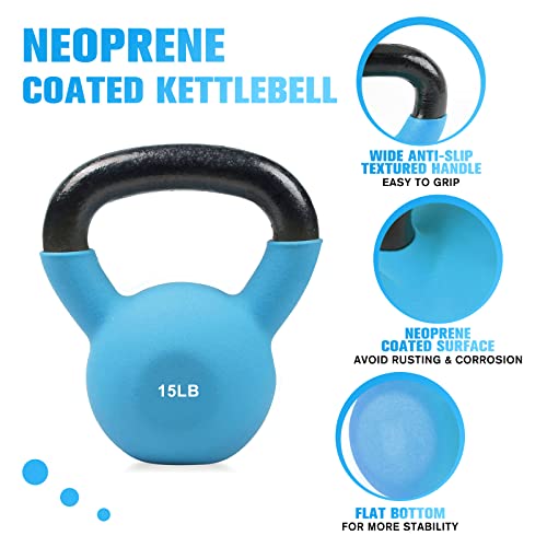 Ritfit Neoprene Coated Solid Cast Iron Kettlebell - Great For Full Body Workout, Cross-Training, Weight Loss & Strength Training (5/10/15/20/25/30/35/40/45/50 Lb) (15Lb(Sky Blue)) #TOP1