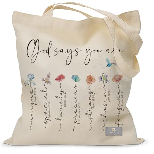IIILUYOT Bolsa de mano floral cristiana (God Says You Are), regalos cristianos para mujeres, regalos religiosos para mujeres, bolsas de algodón reutilizables con gráficos, Blanco, Talla única