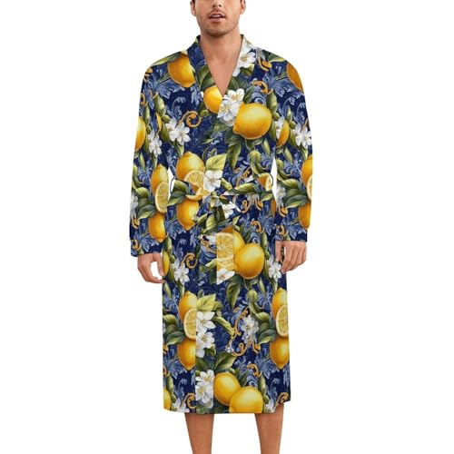 Robe de nuit en soie homme femme kimono léger floral bleu citron avec ceinture