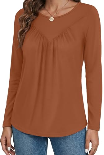 Bliwov Damen-T-Shirt, langärmelig, Frühling, Herbst, Outfit, elegant, lässig, Blusen, lockeres Oberteil, Rundhalsausschnitt, gerüscht, Tunika, trendige Kleidung, Caramel, Klein