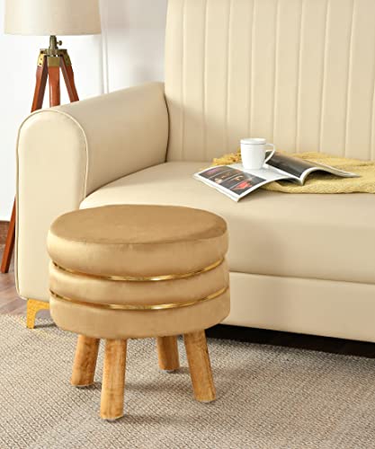 Image of NACIA Velvet Upholstered Ottoman Stool with Wooden Legs | Round Pouffe Footrest Seat for Living Room Bedroom Balcony | Compact Foot Stool for Sitting Home Decor Furniture, 18 Inch (Beige, Set of 1)