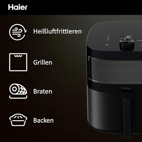 Haier Air Fryer XXL I-Master Serie 5 Friteuse Sans Huile, Capacite 7L jusqu'à 6 personnes, Fenêtre de Contrôle, Cuisson à l'Air Chaud,Rôtissage,Gril, Cuisson Lente, Décongélation, Yaourt, Noir