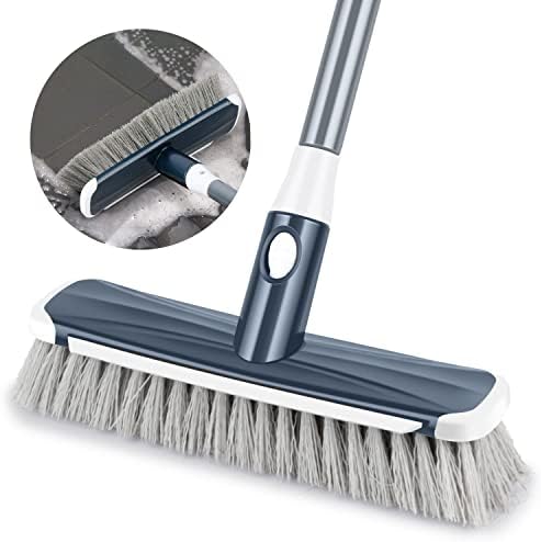 Floor Scrub Brush with Long Handle Adjustable, 2 in 1 Scrape and Brush Stiff Bristle Scrubber Brush Shower Cleaning Brush for Deck, Bathroom, Kitchen, Tub, Patio, Tile, Grout (White + Gray)