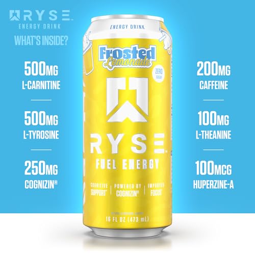 Image of RYSE Fuel Energy Drink - Frosted Lemonade - Sugar Free - 200mg Natural Caffeine, New Formula to Supports Cognitive Health & Improves Focus - No Artificial Colors - 16 fl oz Cans (12-Pack)