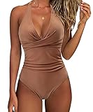 SUUKSESS Women Sexy Tummy Control One Piece Swimsuits Halter Push Up Monokini Bathing Suits (Brown, XL)