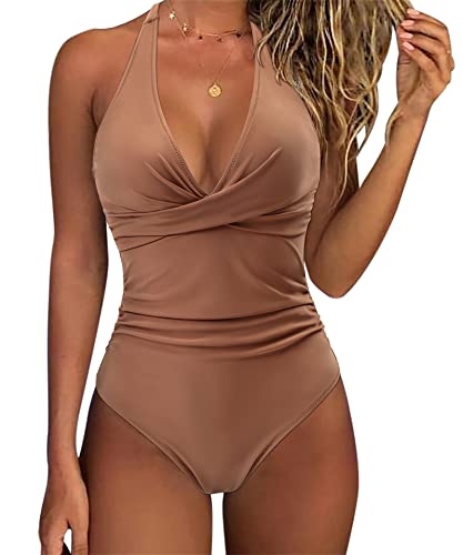 SUUKSESS Women Sexy Tummy Control One Piece Swimsuits Halter Push Up Bathing Suits