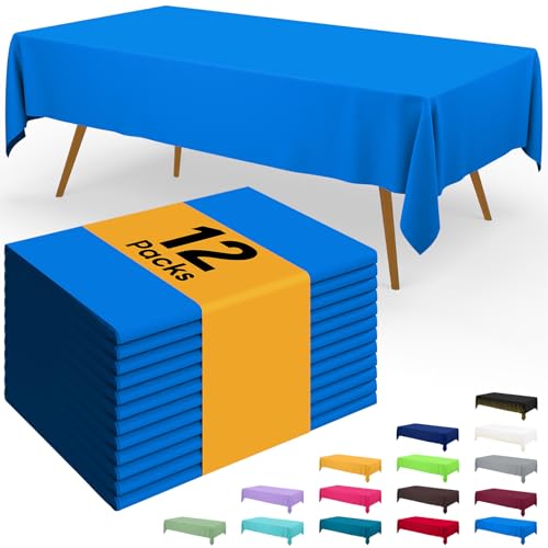 Image of Smiry Disposable Table Cloth - 12 Pack, 54 x 108 Inch Waterproof Rectangle Tablecloths for Parties, Decorative Plastic Table Cover, Leakproof & Sturdy, Blue