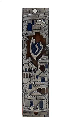 Talisman4U Silver Enamel Jewish Mezuzah Case With Scroll Jerusalem Israel Judaica Door Mezuza 4 Inch #TOP2