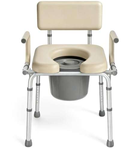 HOMLAND Drop Arm Bedside Commode Toilet with Padded Seat & Backrest 300LB