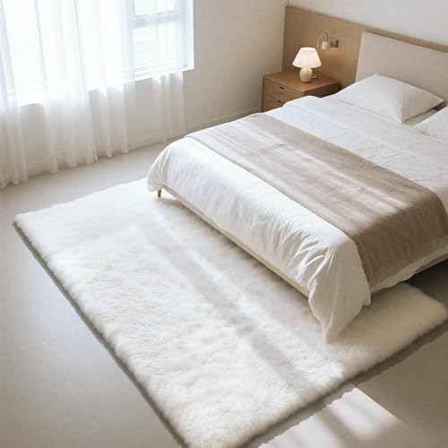 Fluffy Rug Shaggy Area Rug, White 2x4 Area Rugs for Bedroom, Small Bedside Rug, Soft Fluffy Shaggy Entryway Throw Rugs for Living Room Bedroom Kids Room Home Decor