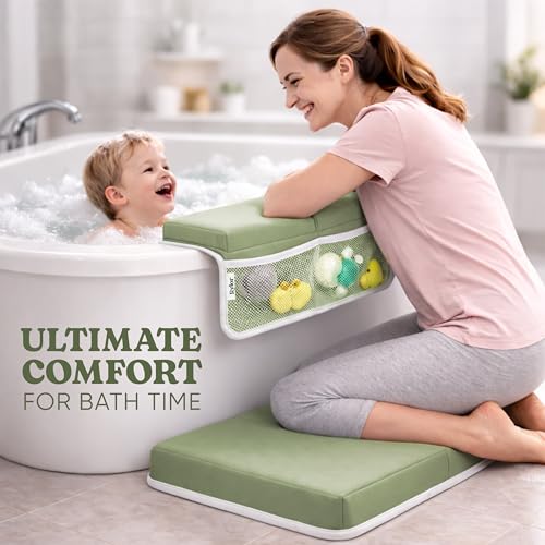 Image of Rylor Premium Baby Bath Kneeler Mat & Elbow Rest Pad Set - Comfortable Bath Kneeler and Elbow Kneeling Rest Pad for Parents, Extra Long 26'', 2.4'' Thick, Non-Slip Support for Easy Bath Time (Green)