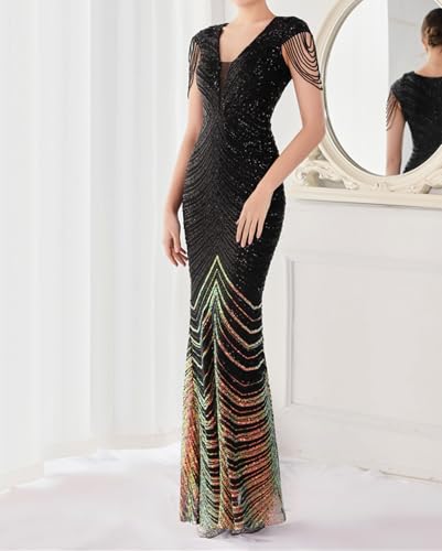 Image of houstil Formal Dresses for Women Sequin 1920s Full Length Evening Party Gown Great Gatsby Cocktail Wedding Dress