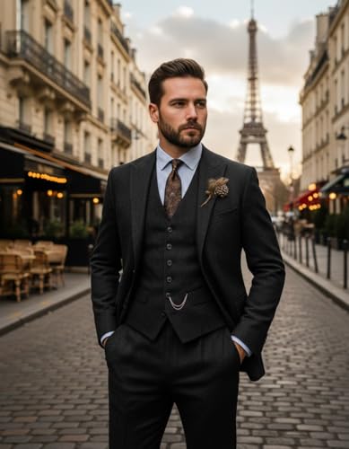 Vintage Men Suits Regular Fit 3 Piece Tuxedos Tweed Herringbone Jacket + Waistcoat + Trousers for Wedding Grooms2