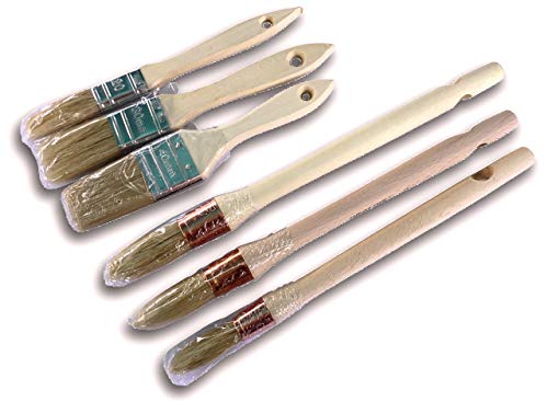 Set mit 6 Pinseln | 3 Absetzpinsel aus Borsten Nr. 3/0 - Nr. 0 - Nr. 2 | 3 Lackierpinsel, dicke Serie, Breite 20-30-40 mm | Für Emaille, Farbe, Beize, Grundierungen, Lacke | Kibros LOT_371_323c