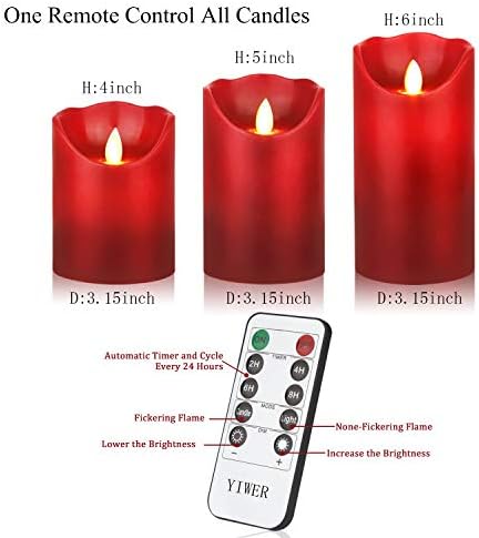 YIWER Battery Candles, 4" 5" 6" Set of 3 Real Wax Not Plastic Pillars Include Realistic Dancing LED Flames and 10-Key Remote Control with 2/4/6/8-hours Timer Function 200 Hours (3x1, Red)