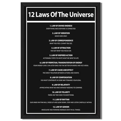 Framed 12 Laws of the Universe Poster Canvas Print Art Modern Minimalist Aesthetic Wall Art Painting Pictures Wall Decor Inspiration Elegant Home Decor for Living Room Office Bedroom Decoration (black frame,8LX12W)