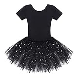 Bricnat Mädchen Ballettkleid Kinder Ballettkleidung Tanzkleid Tutu Tüllrock Kurzarm Baumwolle Balletttrikot Ballettanzug Tanzkleid Tanzbody mit Rock Tütü Pailletten Schwarz 120