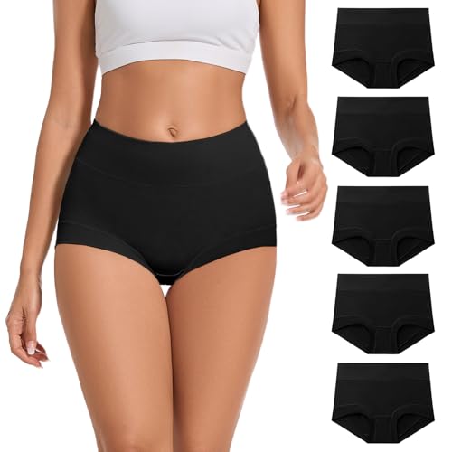 ALLBASE 5 Pack Womens Cotton High Waisted Full Coverage Underwear(Regular & Plus Size)