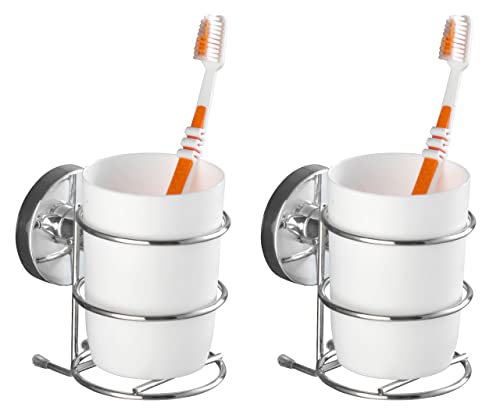 WENKO Zahnputzbecher Halter Mod. Milazzo 2er Set Zahnbürstenhalter ohne Bohren verchromtes Metall Kunststoffeinsatz Weiß 7,5 x 11,5 x 9,5 cm