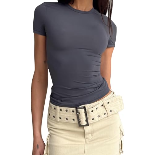 Basic Slim Fit Tshirt Damen, Y2K Top Dupe, Crop Tops Damen, Bauchfreies...