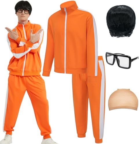 EFORLED Adult Halloween Costumes for Men 2025 Family Orange Zip-Up Tracksuit with Black Wig Cap & Glasses L