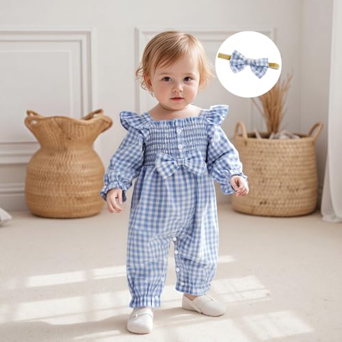 Infant Baby Girl Outfits Long Leg Frill Trim Ruffle One-Piece Jumpsuit Bubble Romper With Bow + Headband3