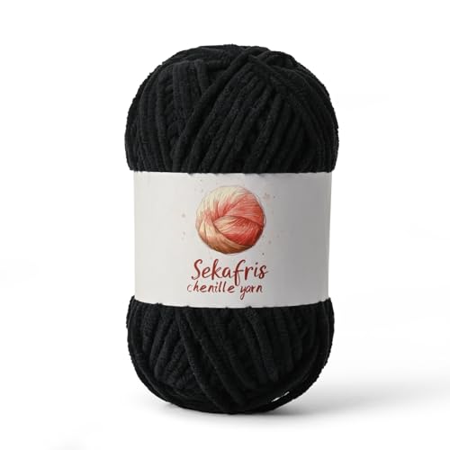 Image of Chenille Yarn for Crocheting, Size 5 Bulky,Black