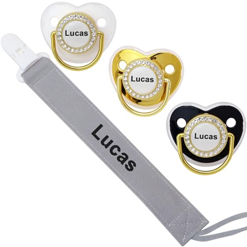 4Pcs, Personalized Pacifier with Name, Custom Pacifier Clip, Baby Gift for Newborn Boys and Girls, Glitter Soother Accessory Stuff with Name (0-6 Months) (Grey)