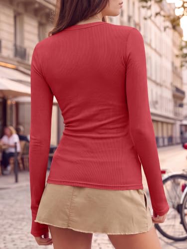 Image of ANRABESS Women Long Sleeve Shirts Ribbed Fitted Tops