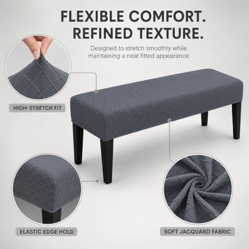 Image of Street27 High Stretch Jacquard Dining Bench Cover Elastic Chair Covers - Anti-Dust Removable Bench Slipcover Washable Bench Seat Protector Cushion Cover for Living Room, Bedroom, Kitchen - Dark Grey