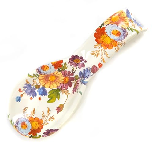 MACKENZIE-CHILDS Enamel Spoon Rest, Kitchen Spoon Holder and Utensil Rest for Stovetop, White Flower Market