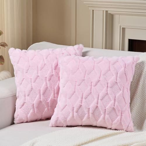 Volcanics Pack of 2 Faux Wool Throw Pillow Covers 20x20 Inches Decorative Farmhouse Velvet Couch Pillow Case Soft Plush Square Boho Cushion Pillowcase, Light Pink