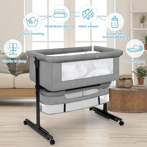 Image of YADAQE Baby Bassinet, Baby Basinet Bedside Sleeper, Easy to Fold Portable Crib Side Bassinet 2025new Style Girl /boy bassinets(Light Grey)