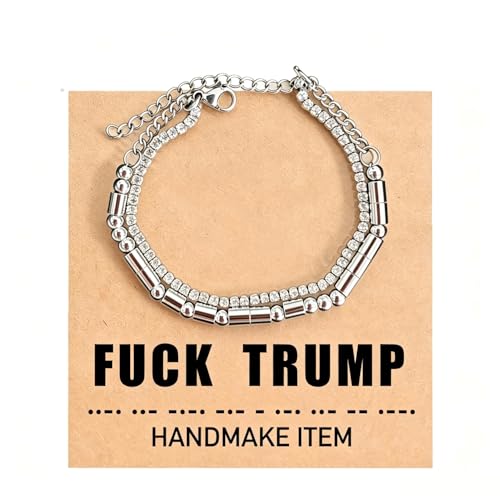 HortiMan Golden Fuck Trump Bracelet Anti Trump Merchandise Anti Trump Gifts Fuck Trump Morse Code Bracelet F Trump Fuck Trump Gifts With Gift Box (Silver)