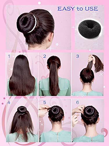 Hair Bun Maker, Hair Doughnut Shaper (6PCS, 3 Sizes: Large 3.5IN, Medium 3IN, Small 2IN, Black) - Hair Styling Accessories Kit Includes Elastic Bands, Bobby Pins, Invisible Hair Nets
