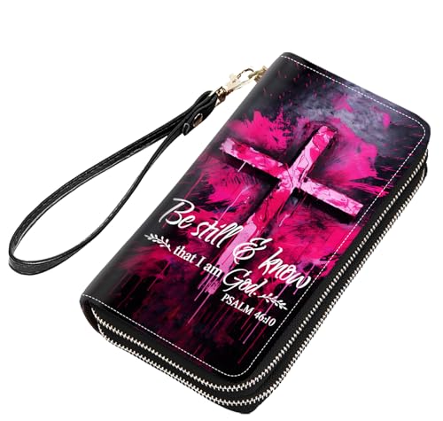 stmedazm Holy Cross Quote Bible Verse Psalm 46:10 Print Women Large Capacity PU Leather Double Zipper Wallet, Multifunctional Clutch Purse for Cash/Card/Coin/Smart Phone